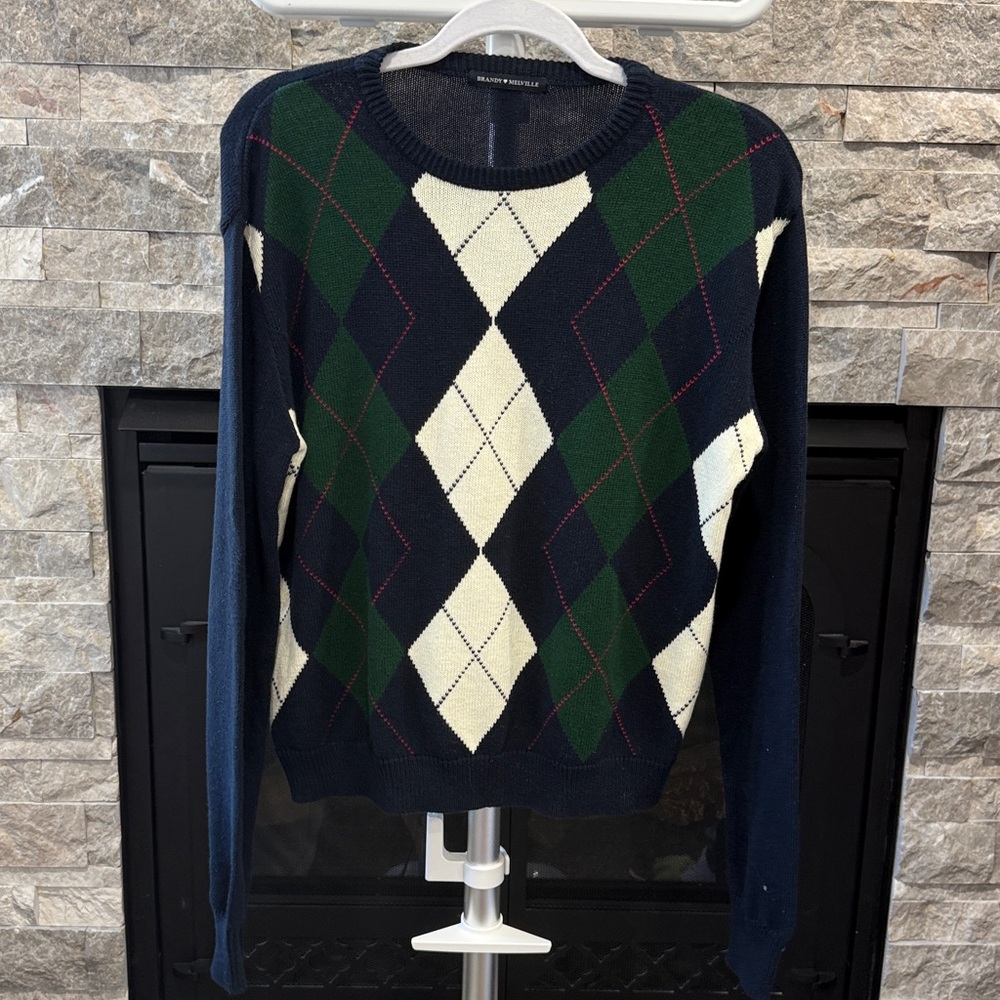 Brandy Melville Navy and Green Argyle Sweater